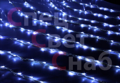 СВЕТОДИОДНЫЙ ВОДОПАД БЕЛО-СИНИЙ 2*1,5 М. 400 LED. ПРОВОД ТЕМНЫЙ. 6 РЕЖИМОВ.